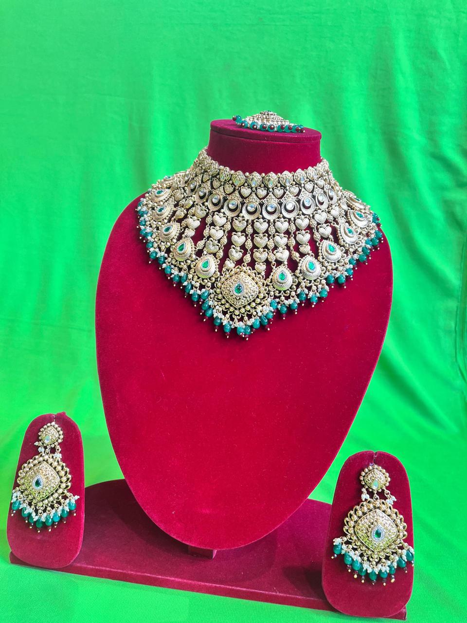 Kundan & Green Stone Bridal Choker Necklace Set with Earrings