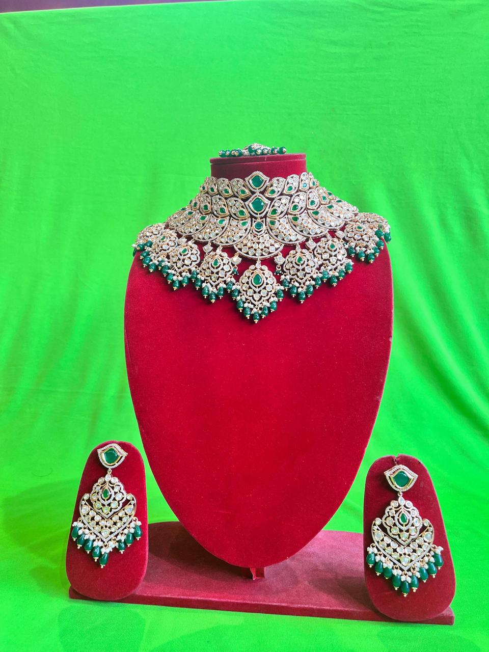 Kundan & Emerald Green Choker Necklace Set with Earrings