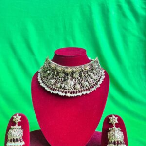 Antique Gold Finish Choker Necklace Set with Jhumka Earrings