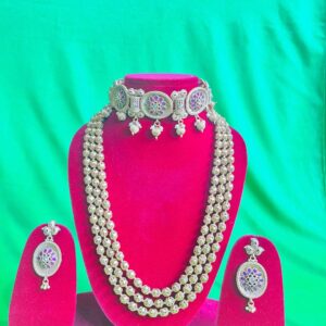 Elegant Silver-Plated Beaded Necklace Set with Choker & Earrings