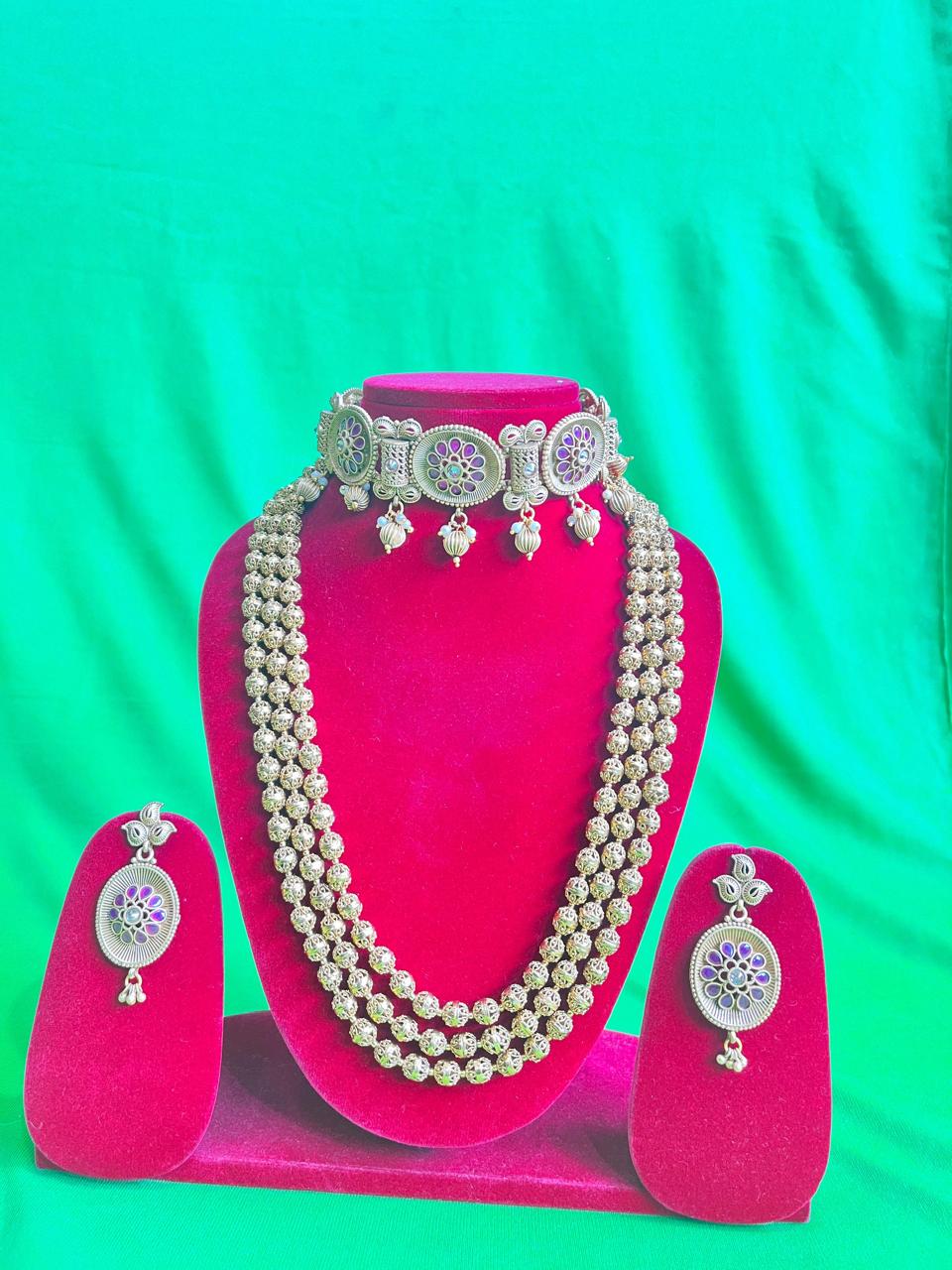 Elegant Silver-Plated Beaded Necklace Set with Choker & Earrings