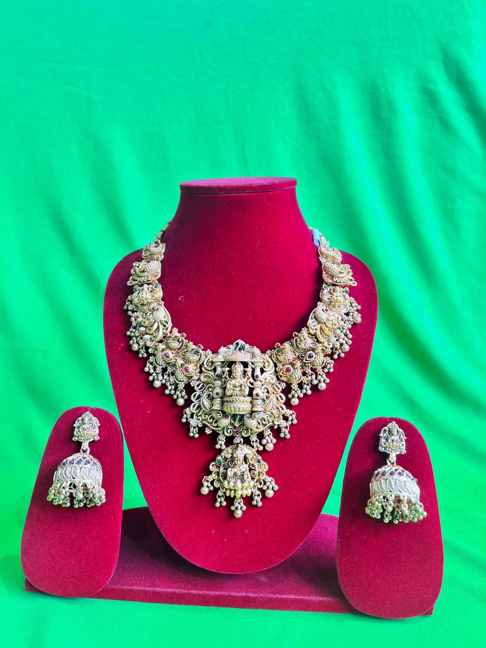 Antique Temple Design Necklace Set with Jhumkas
